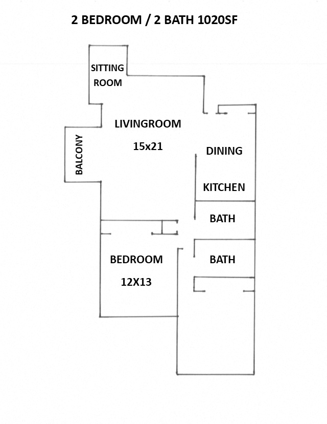 Floor plan for 2 beds, 2 baths, 1020 sqft
